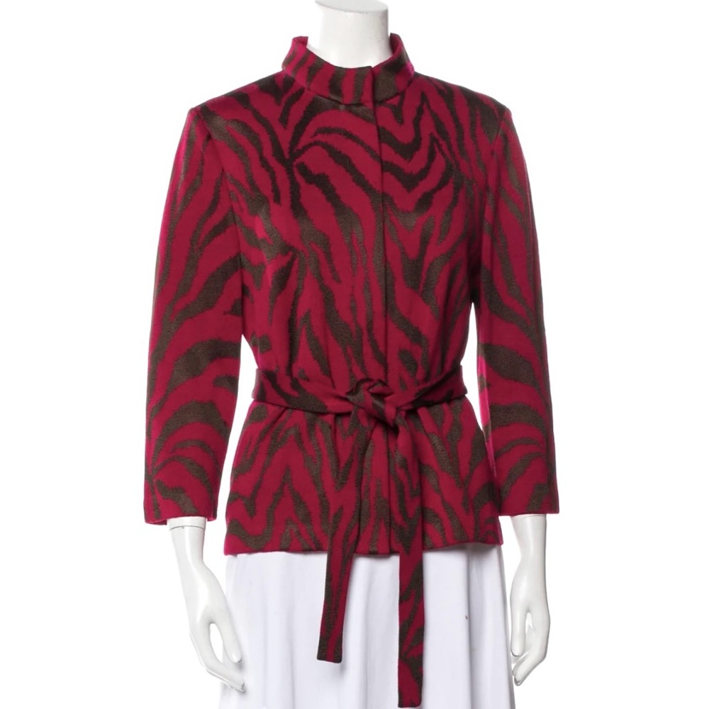 ST. JOHN Santana Knit Zebra Animal Patterned Belted Sweater Jacket Womens Size 6